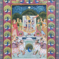 Religious pichwai traditional art titled 'Sreenathji Dhwar Puja', 14x10 inches, by artist Pichwai Art on Cloth