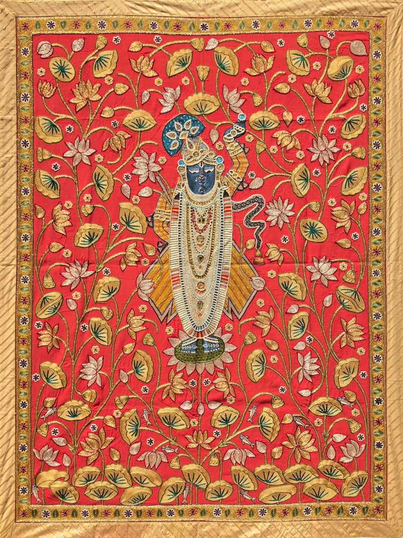 Sreenathji With Flowers' religious pichwai Traditional Art by artist Ana, 48x36 inch, on cloth