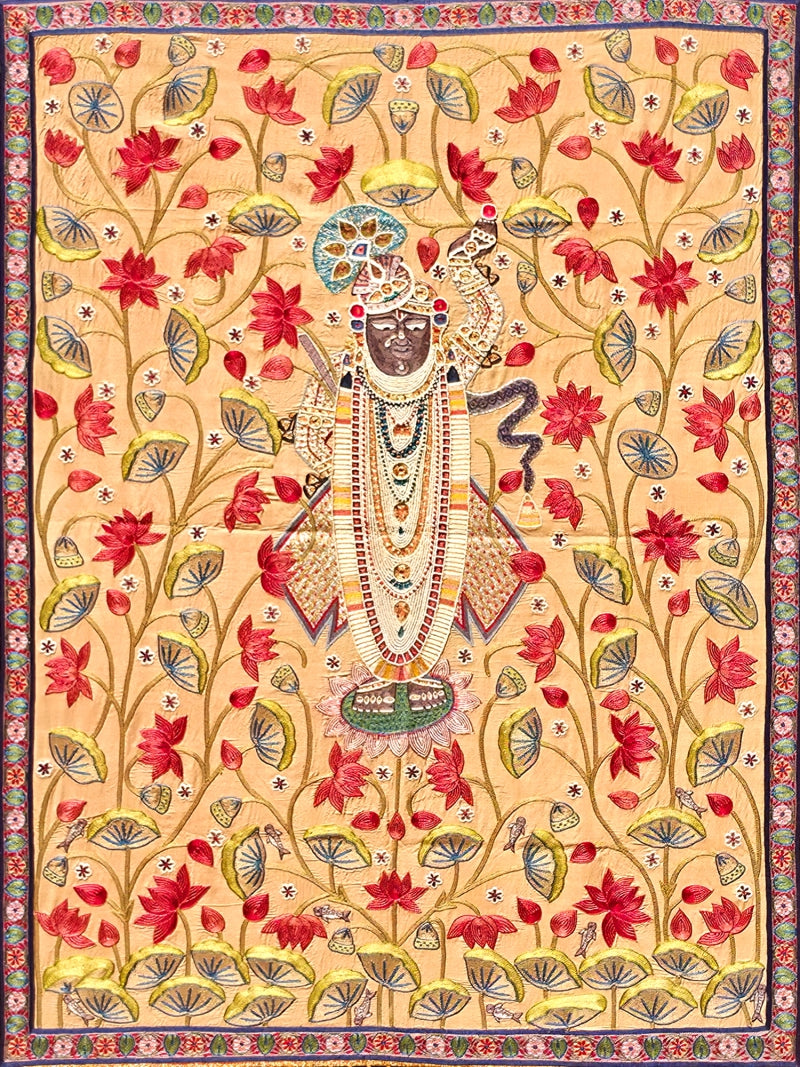 Sreenathji With Flowers' religious pichwai Traditional Art by artist Ana, 48x36 inch, on cloth
