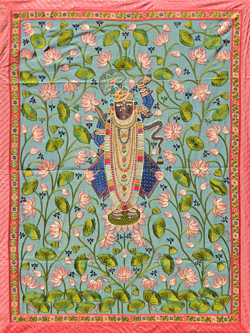 Sreenathji With Lotus' religious pichwai Traditional Art by artist Ana, 48x36 inch, on cloth