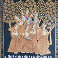 Religious pichwai traditional art titled 'Sreenathji With Gopis Pichwai', 14x10 inches, by artist Pichwai Art on Cloth