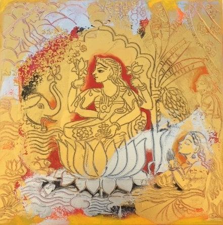 Sri Maha Lakhshmi (Lakshmi Painting) by Anjani Reddy, Original Acrylic Religious Painting on Canvas, Small Square Wall Art