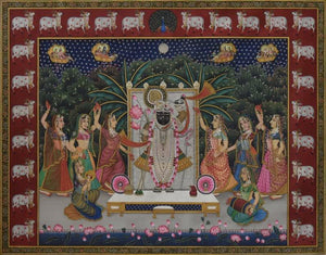 Srinathji (Urban Rhapsody) by Rajendra Khanna, Original Tribal Religious Painting on Cloth, Large Horizontal Wall Art