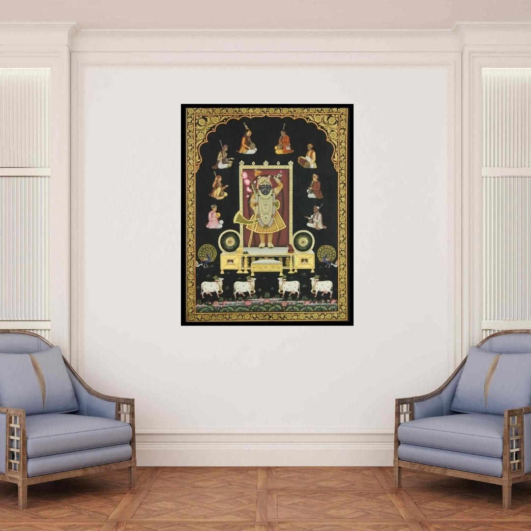 In-situ view of Rajendra Khanna's 'Srinathji With Musicians (Urban Symphony)' painting in a room