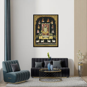 Preview of 'Srinathji With Musicians (Urban Symphony)' Painting by Rajendra Khanna shown on a wall in a furnished room.