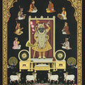 Religious tribal painting titled 'Srinathji with Musicians', 48x36 inches, by artist Rajendra Khanna on Cloth