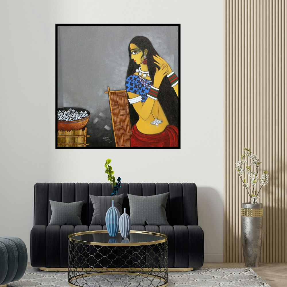 Gajraj Chavan's 'Sringar' painting visualized above a sofa in a contemporary room.