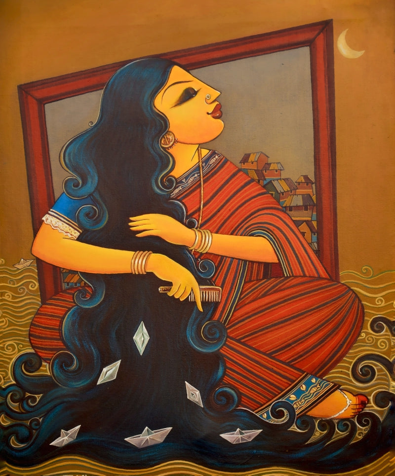Srotoshinni' figurative acrylic painting by artist Sumon Naskar, 30x24 inch, on canvas