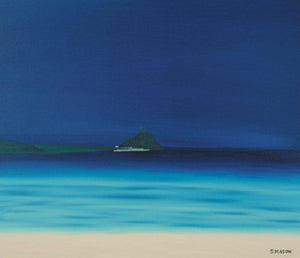 St Michaels Mount 1 (Solitary Sail) by SIMON MASON, Print Oil Seascape Painting on Canvas, X-Small Horizontal Wall Art