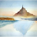 Cityscape watercolor painting titled 'St Mont Michel Normandy France', 7x11 inches, by artist Arunava Ray on Paper