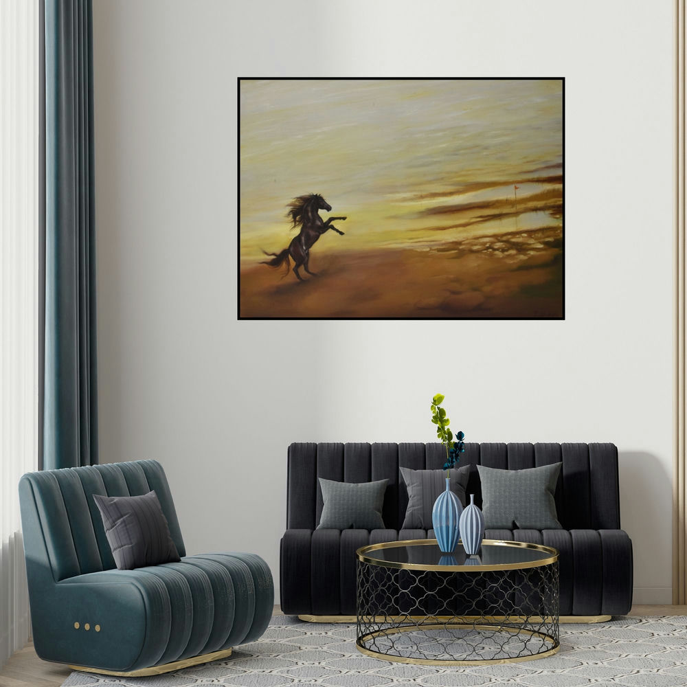 Durshit Bhaskar's 'Stallion (Spirit of the Wild)' painting visualized above a sofa in a contemporary room.