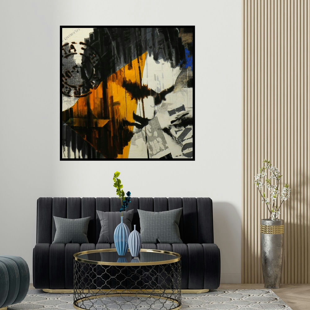 Devidas Dharmadhikari's 'Stamp Series 209 (Inner Turmoil)' painting visualized above a sofa in a contemporary room.