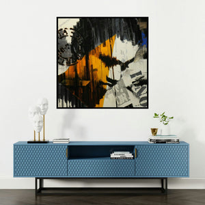 'Stamp Series 209 (Inner Turmoil)' painting by Devidas Dharmadhikari shown on a wall in a furnished room.