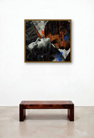 Stamp Series 211 (Passion's Embrace) by artist Devidas Dharmadhikari displayed in a Japandi Study