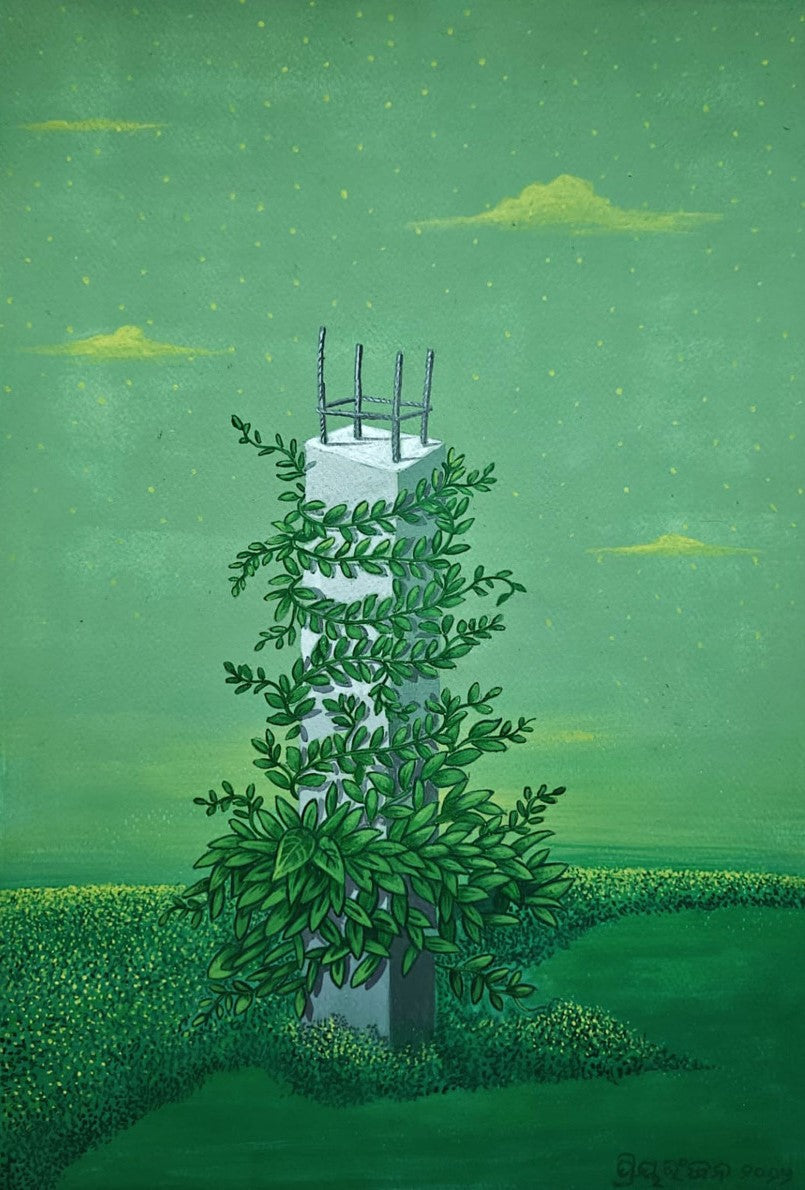 Standing Between Seasons' contemporary watercolor painting by artist Priyaranjan Behera, 17x12 inch, on paper