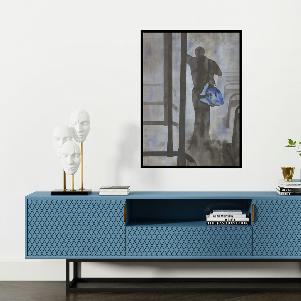 'Standing In Bus (Urban Transit: A Figurative Composition)' painting by Manish Sutar shown on a wall in a furnished room.