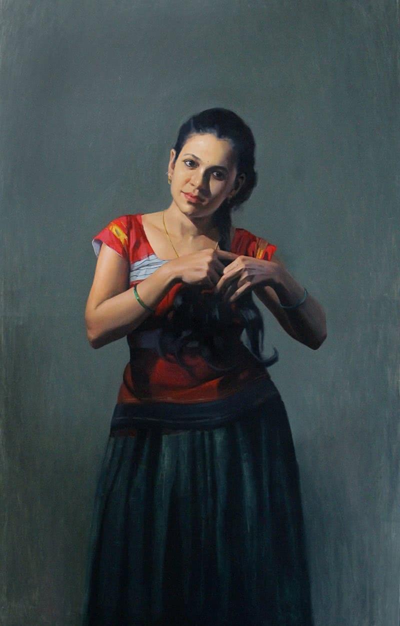 Figurative oil painting titled 'Standing Lady 2', 44x30 inches, by artist Mahesh Soundatte on Canvas