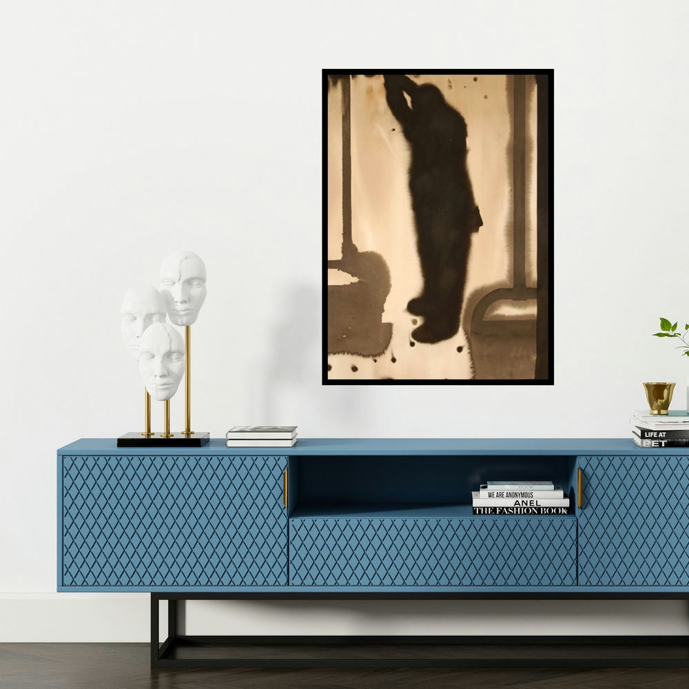 'Standing Man (Urban Silhouette: A Figurative Study)' painting by Manish Sutar shown on a wall in a furnished room.