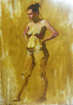 Standing Nude 2 by Ganesh Hire, Original Oil Nude Painting on Canvas, Small Vertical Wall Art