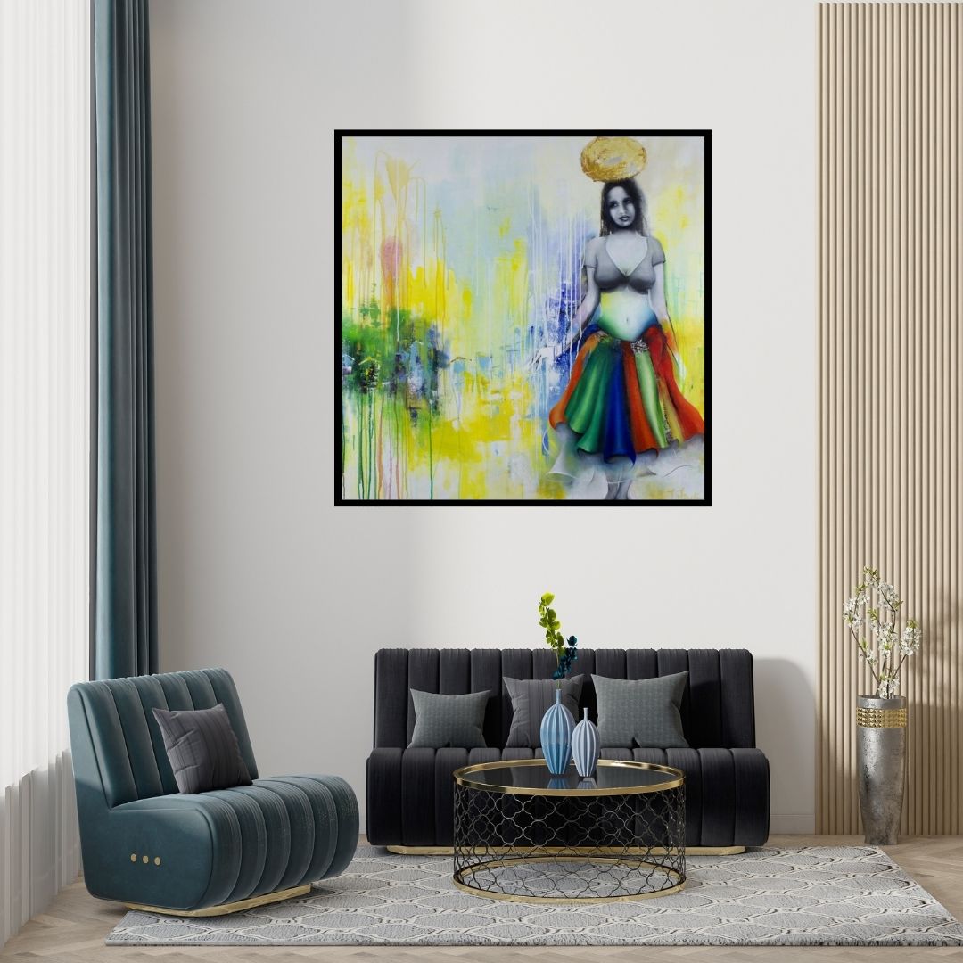 Preview of 'Staring Into The Void 5 (Glimpses of the Abyss)' Painting by Tejinder Ladi Singh shown on a wall in a furnished room.