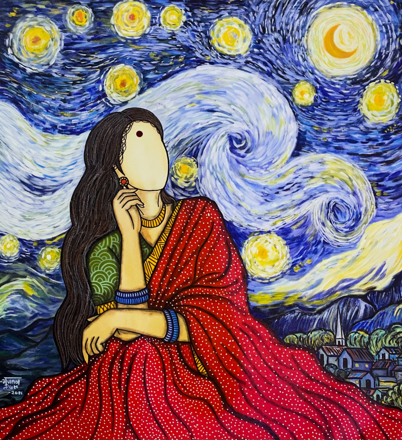 The Starry Night' figurative acrylic painting by artist Mrinal Dutt, 35x32 inch, on canvas