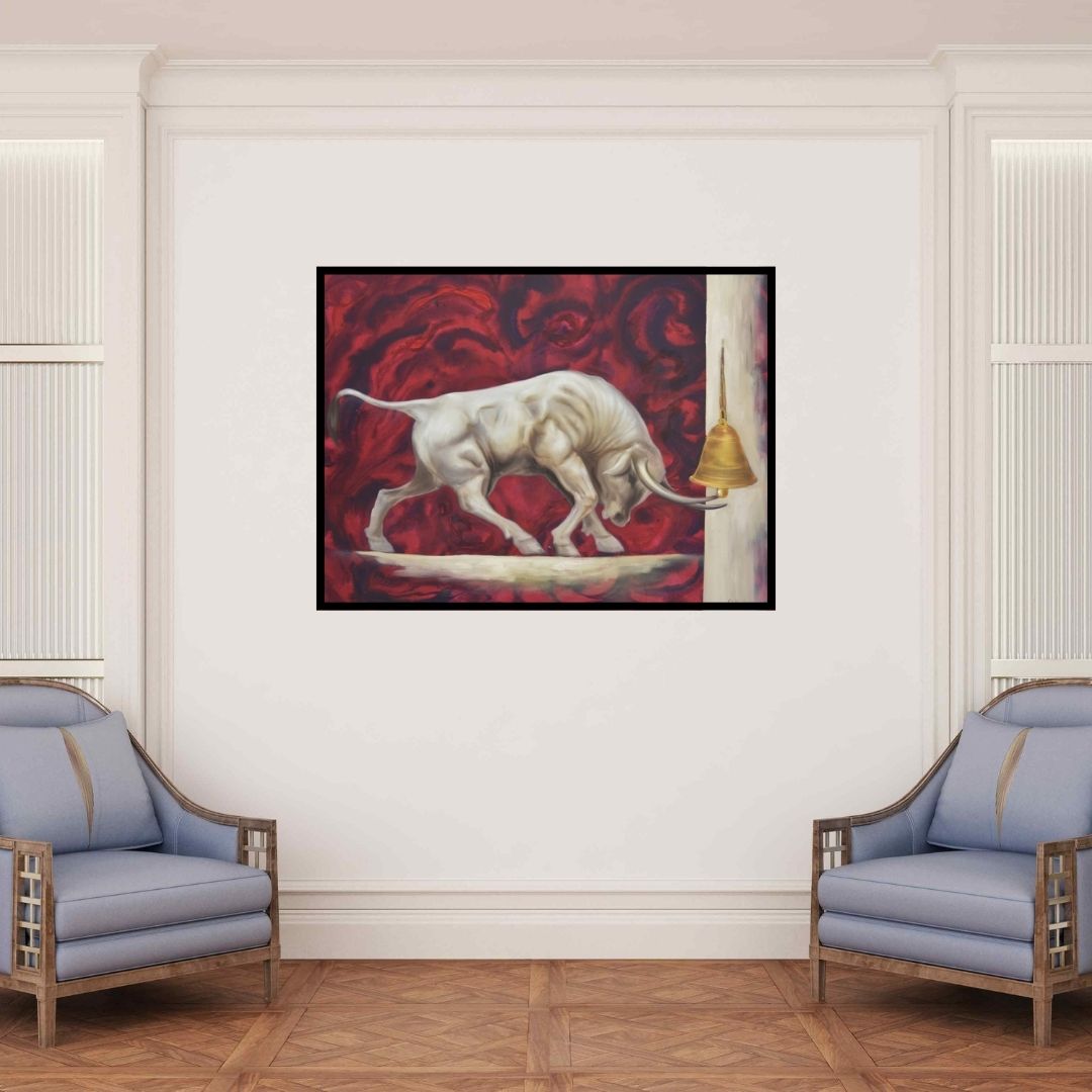 In-situ view of Durshit Bhaskar's 'The Start (The Bull's Call)' painting in a room