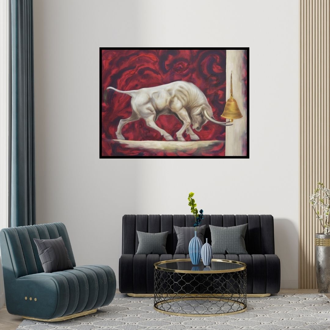 Preview of 'The Start (The Bull's Call)' Painting by Durshit Bhaskar shown on a wall in a furnished room.