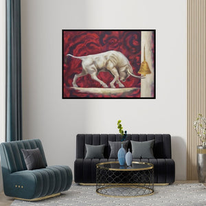 Preview of 'The Start (The Bull's Call)' Painting by Durshit Bhaskar shown on a wall in a furnished room.