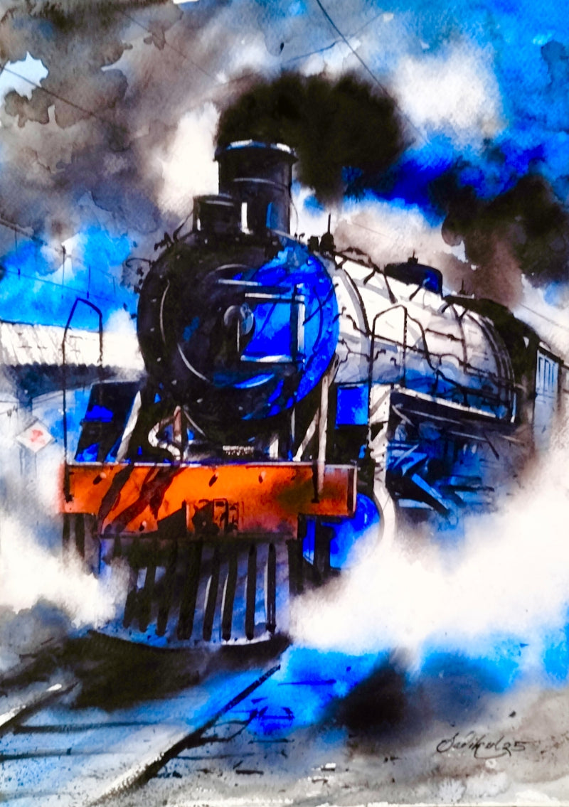Steam Engine 6' transportation watercolor painting by artist Sadikul Islam, 16x12 inch, on paper