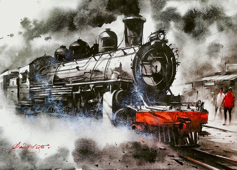 Steam Engine 7' transportation watercolor painting by artist Sadikul Islam, 12x17 inch, on paper