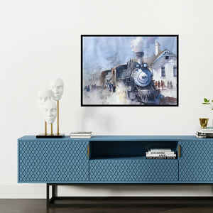 Preview of 'Steam Loco (Arrival at the Station)' Painting by Bijay Biswaal shown on a wall in a furnished room.