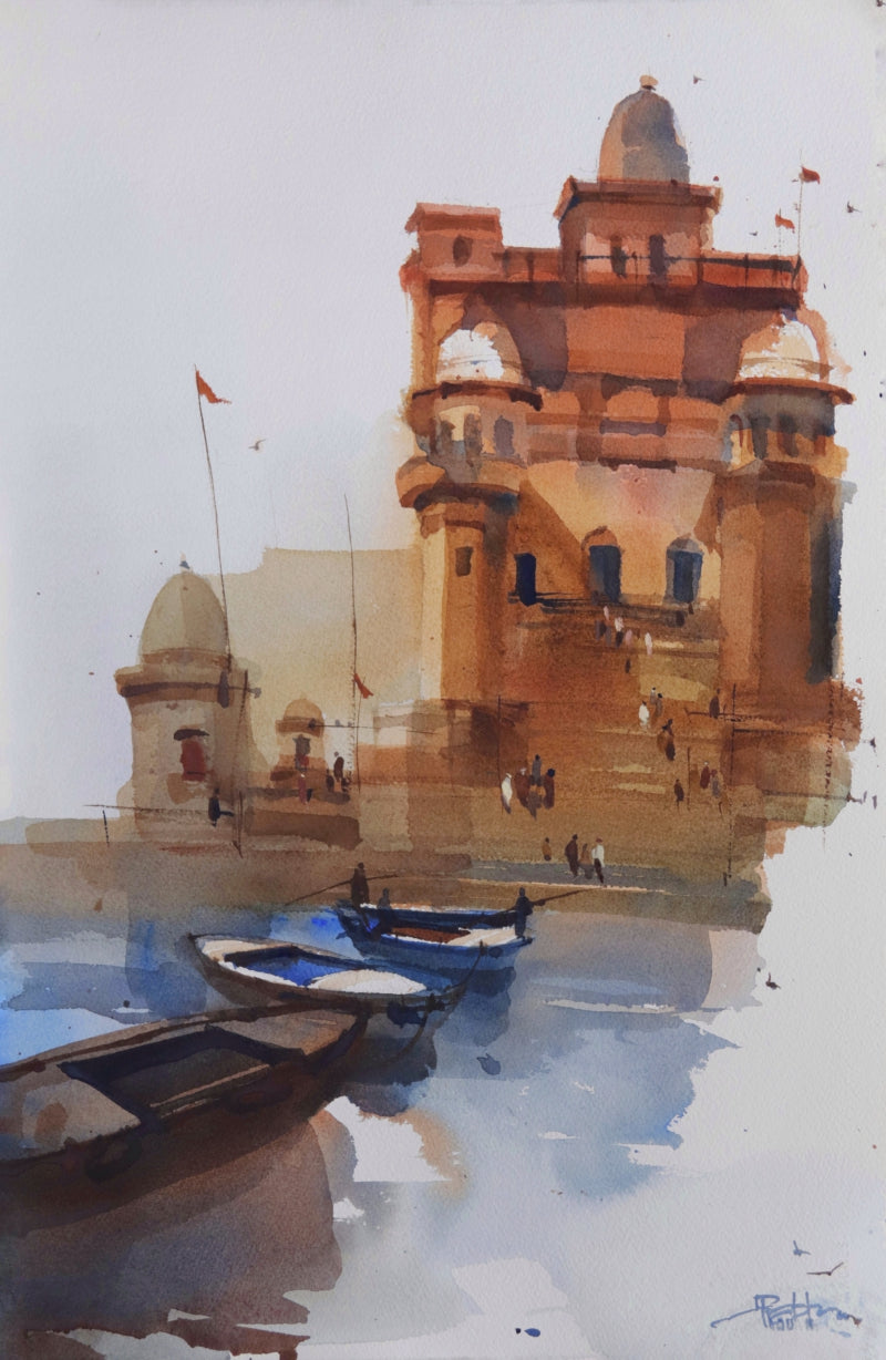 Step By Step Boat By Boat 5' religious watercolor painting by artist Prashant Prabhu, 22x15 inch, on paper