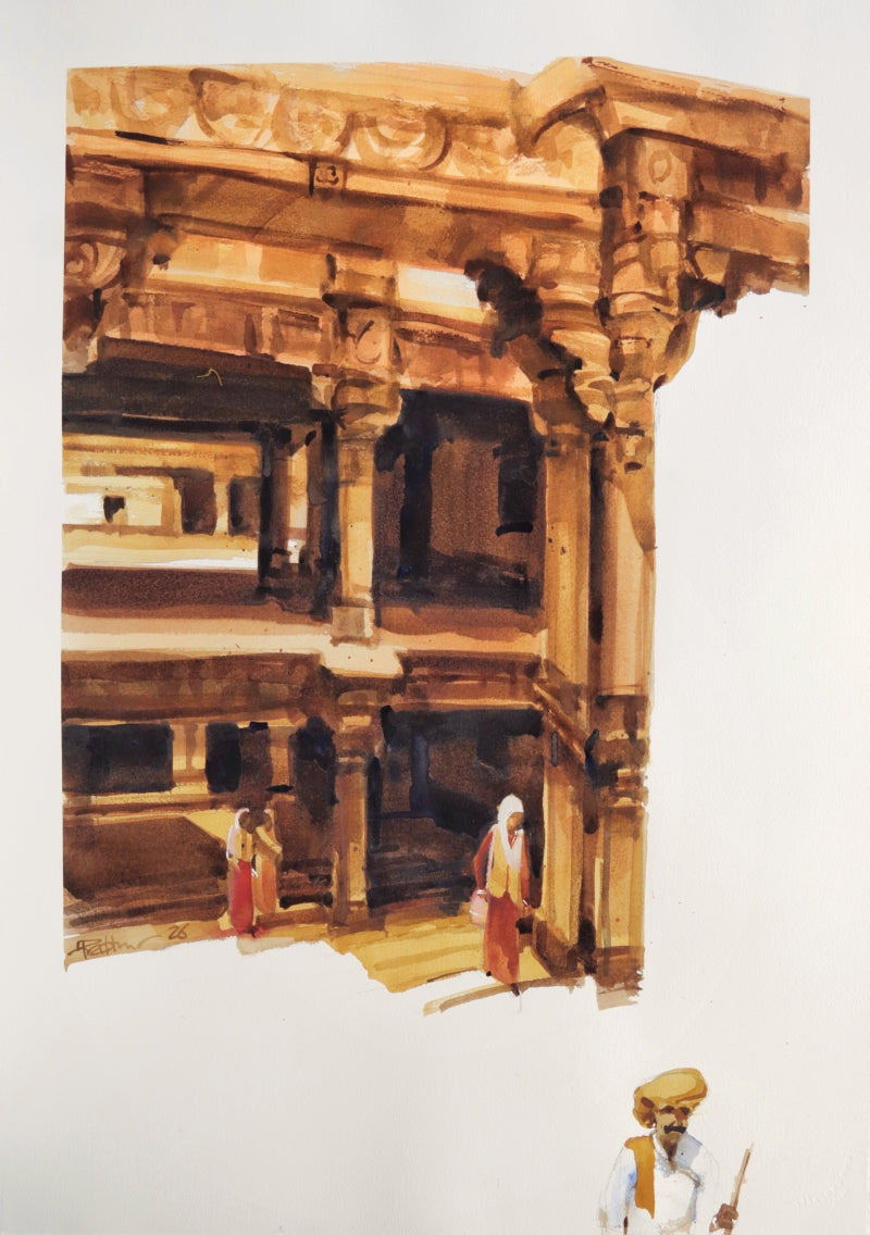 Step Well Into The History 2' religious watercolor painting by artist Prashant Prabhu, 30x22 inch, on paper