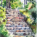 Landscape watercolor painting titled 'Steps', 15x11 inches, by artist Gaurishankar Behera on Paper