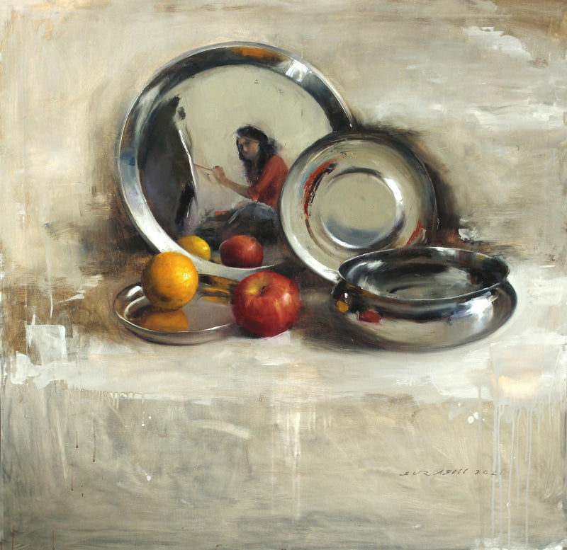 Still Life 1' still-life oil painting by artist Surabhi Gulwelkar, 36x36 inch, on linen