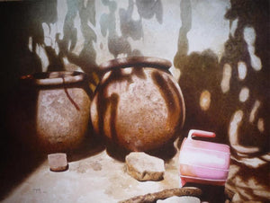 Still Life 1 (Hearth and Home) by Raghunath Sahoo, Original Watercolor Pots/Vessels Painting on Paper, Medium Horizontal Wall Art