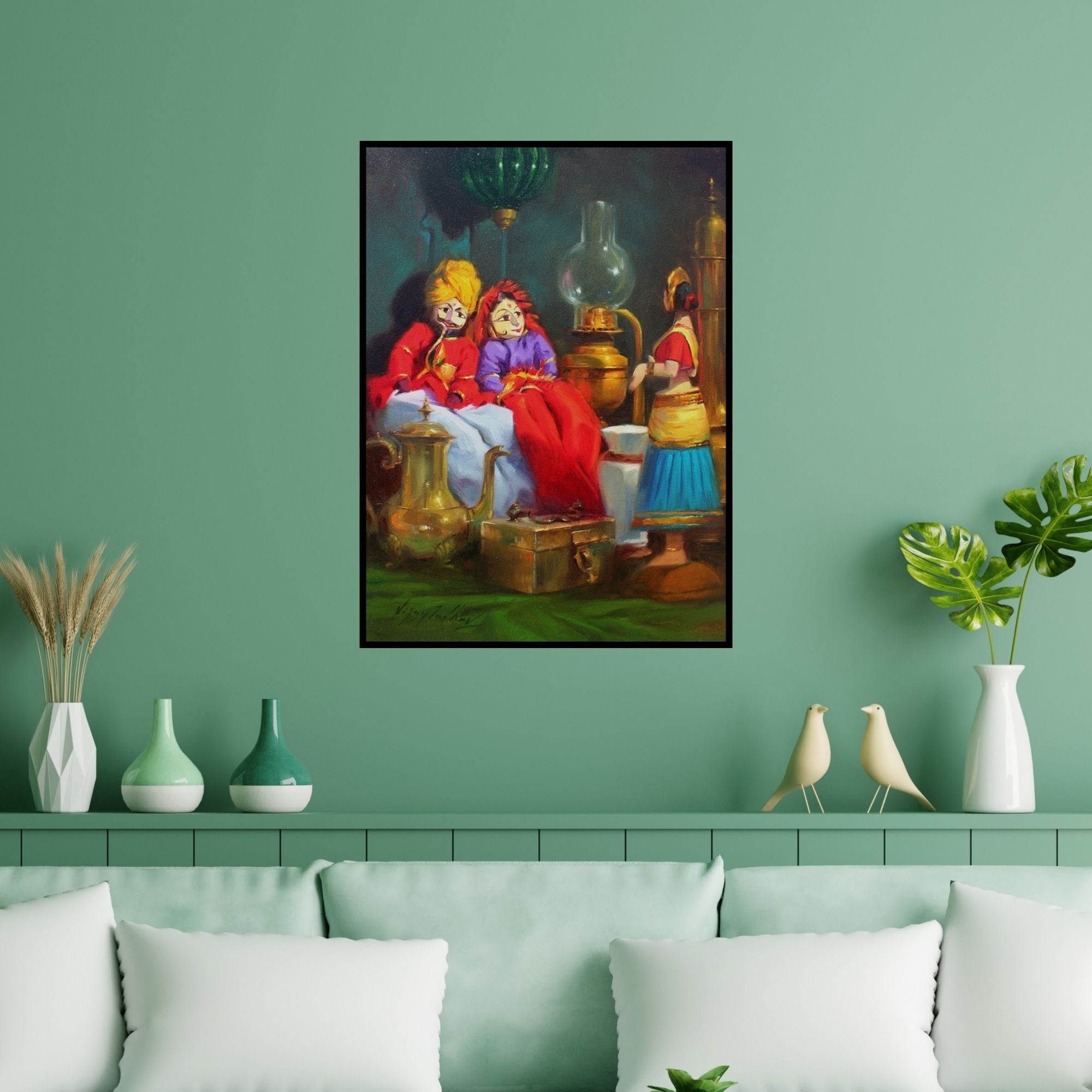 Preview of 'Still Life 2 (Puppet Play)' Painting by Vijay Jadhav shown on a wall in a furnished room.