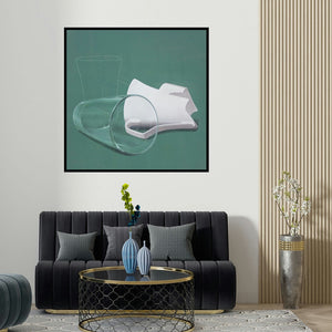 Jaswinder Singh's 'Still Life 2 (Everyday Objects)' painting visualized above a sofa in a contemporary room.