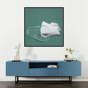 'Still Life 2 (Everyday Objects)' painting by Jaswinder Singh shown on a wall in a furnished room.