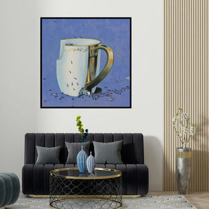 Jaswinder Singh's 'Still Life 3 (The Uninvited Guests)' painting visualized above a sofa in a contemporary room.