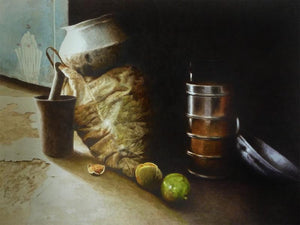 Still Life 3 (Everyday Echoes) by Raghunath Sahoo, Original Watercolor Figurative Painting on Paper, Medium Horizontal Wall Art