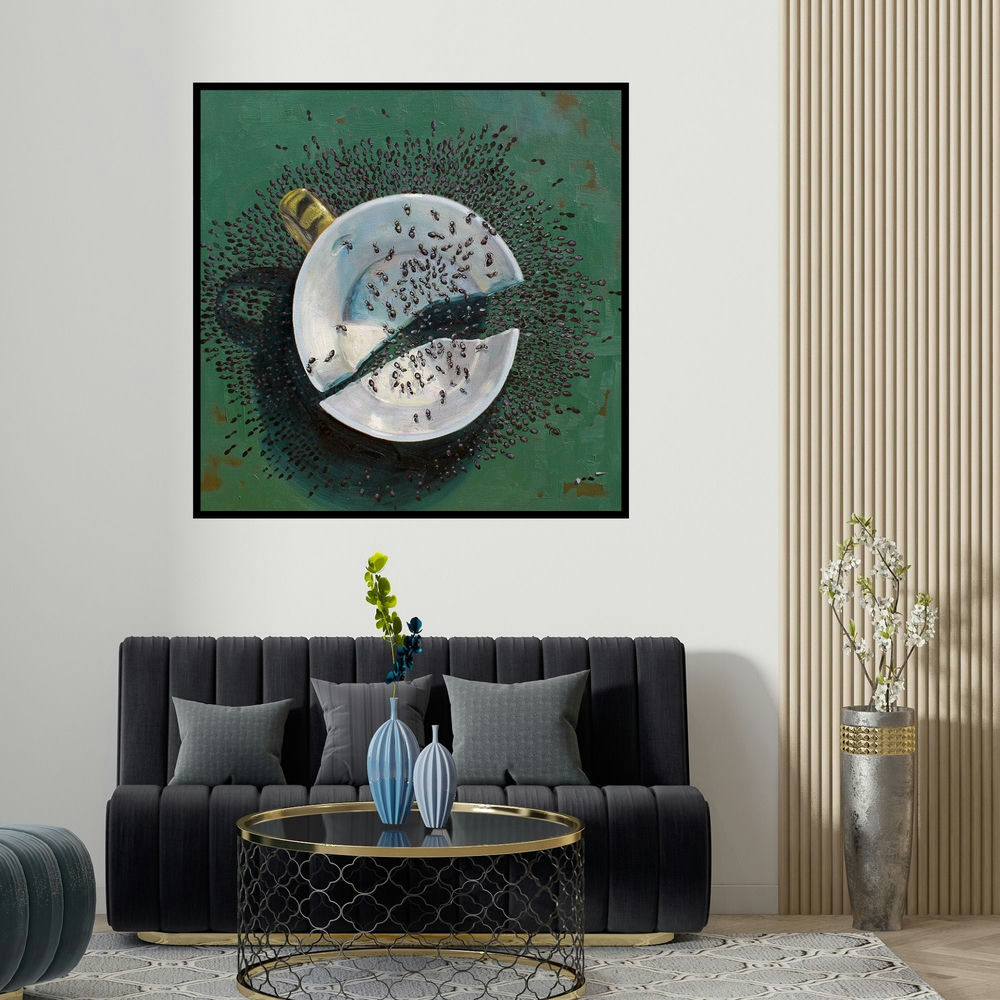 Jaswinder Singh's 'Still Life 4 (Divided)' painting visualized above a sofa in a contemporary room.