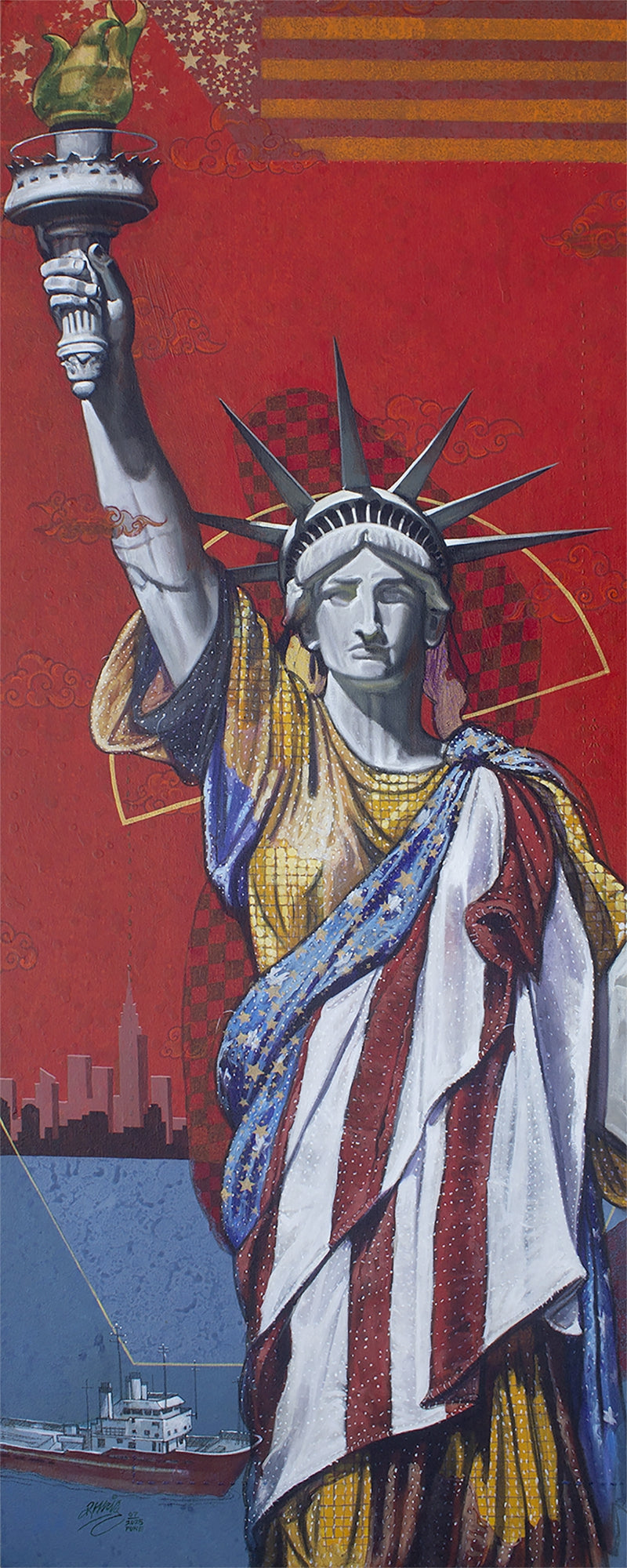 Stitched Sovereignty' figurative acrylic-charcoal painting by artist Ramchandra S Kharatmal, 60x24 inch, on canvas