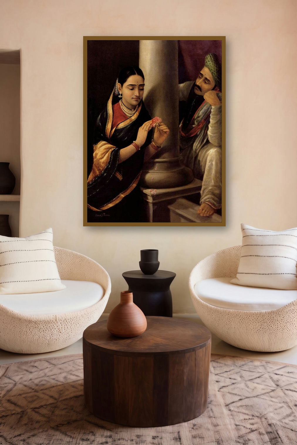 Stolen Interview (An Unexpected Encounter) by artist Raja Ravi Varma displayed in a Luxury gallery