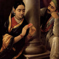 Figurative oil painting titled 'Stolen Interview', 36x26 inches, by artist Raja Ravi Varma Reproduction on Canvas