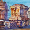 Religious watercolor painting titled 'Stone Chariot', 15x22 inches, by artist Jitendra Divte on Paper