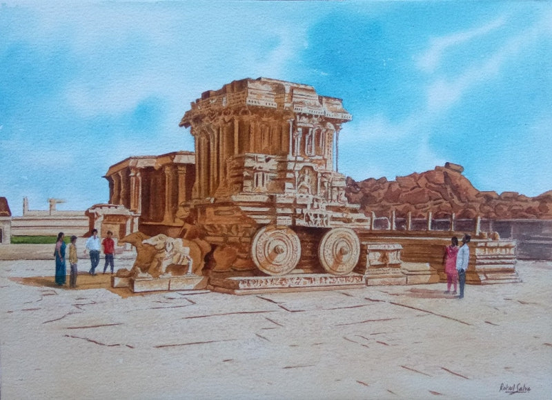 Stone Chariot Hampi' religious watercolor painting by artist Rahul Salve, 10x14 inch, on paper