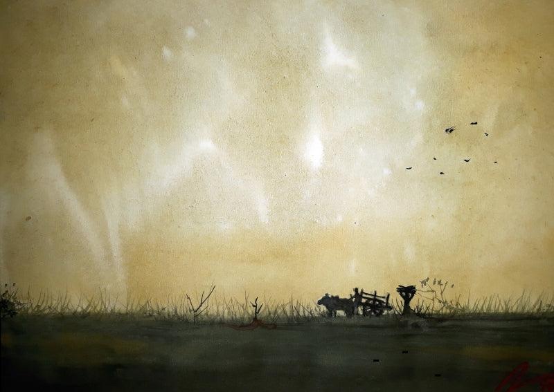 Cityscape watercolor painting titled 'Stor In Rural Bengal', 8x11 inches, by artist Arunava Ray on Paper