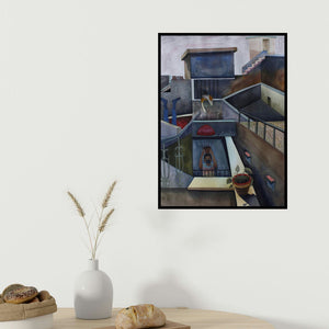 Neeraj Khandka's 'Stories Of Beyond And Inside The Wall (Escaping Reality)' painting visualized above a sofa in a contemporary room.