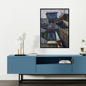 'Stories Of Beyond And Inside The Wall (Escaping Reality)' painting by Neeraj Khandka shown on a wall in a furnished room.